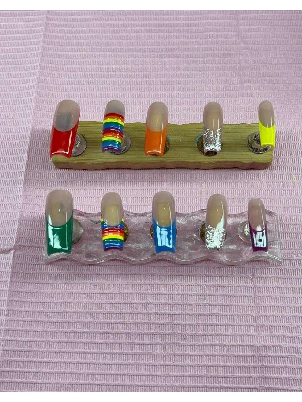 Long square Press on nails nude French tips purple rainbow
